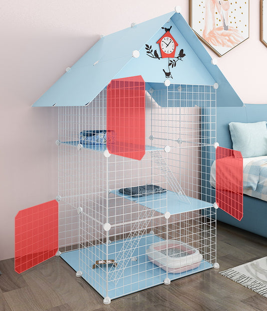 DIY Cage 3 Level for Cat or Rabbit Blue with Roof