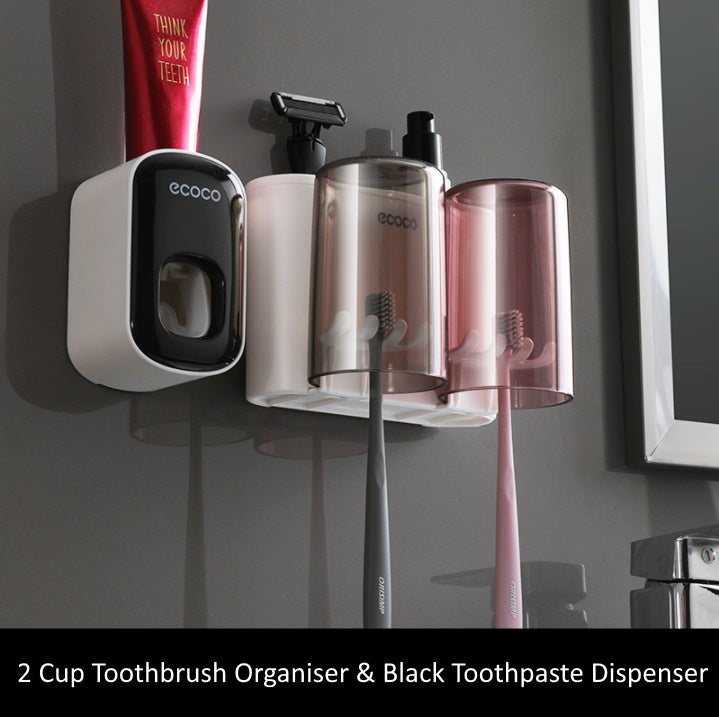 Toothbrush Holder Organiser with Standalone Toothpaste Dispenser 2 Cup