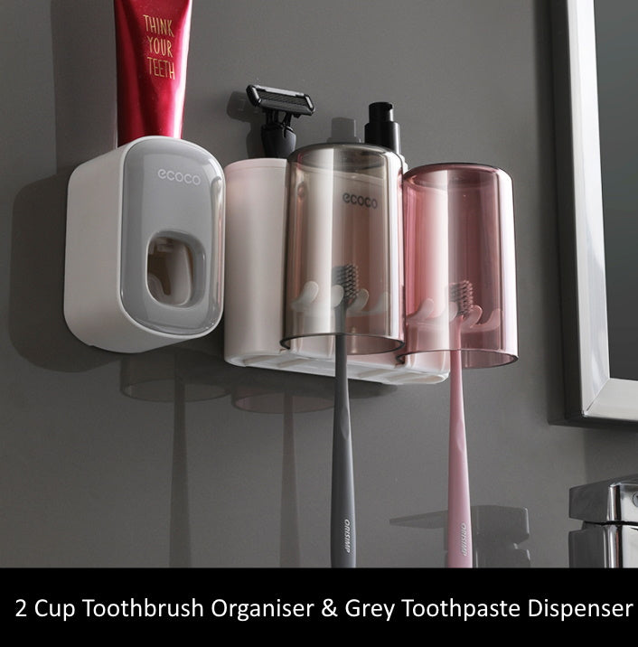 Toothbrush Holder Organiser with Standalone Toothpaste Dispenser 2 Cup