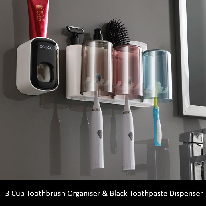 Toothbrush Holder Organiser with Standalone Toothpaste Dispenser 3 Cup