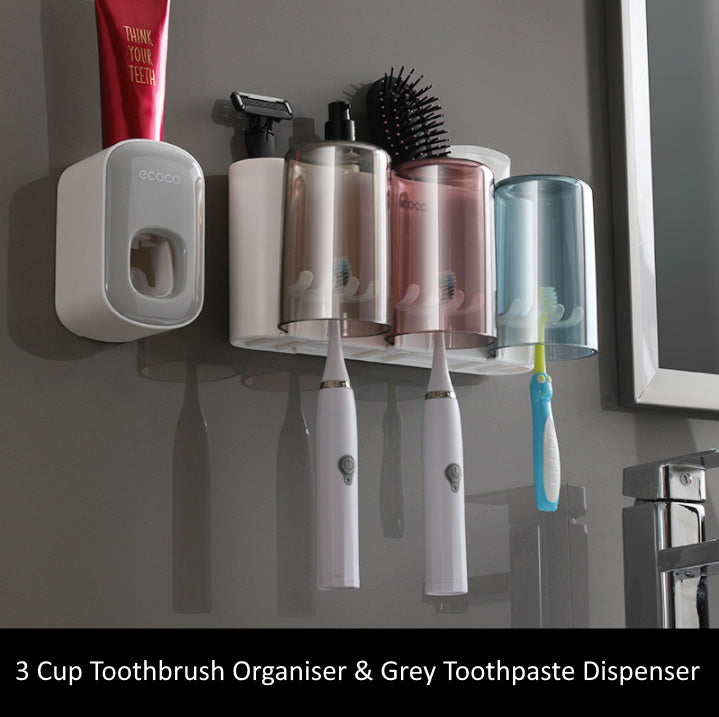 Toothbrush Holder Organiser with Standalone Toothpaste Dispenser 3 Cup