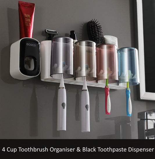 Toothbrush Holder Organiser with Standalone Toothpaste Dispenser 4 Cup