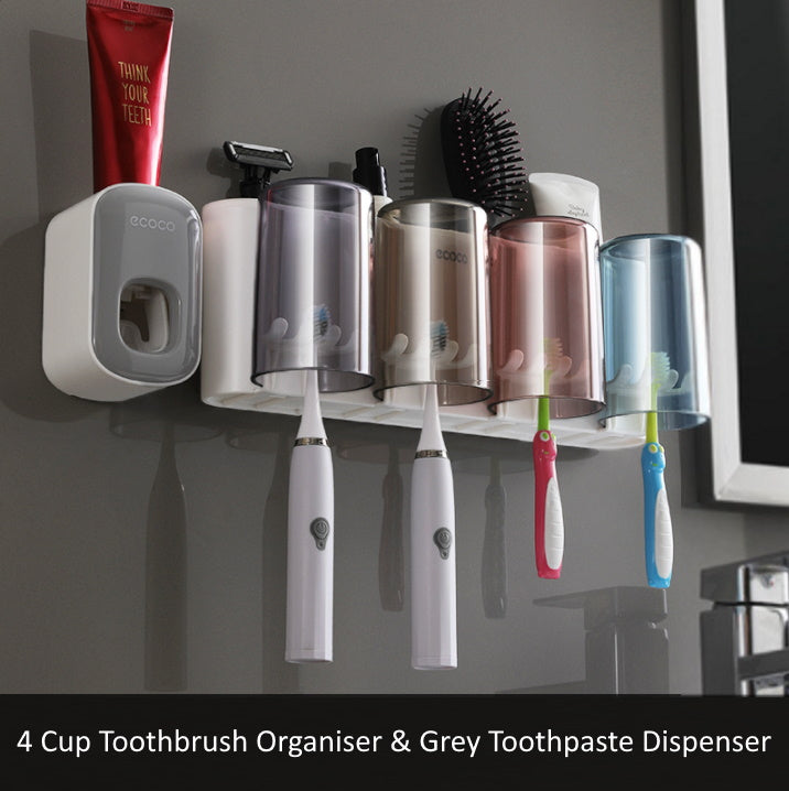 Toothbrush Holder Organiser with Standalone Toothpaste Dispenser 4 Cup