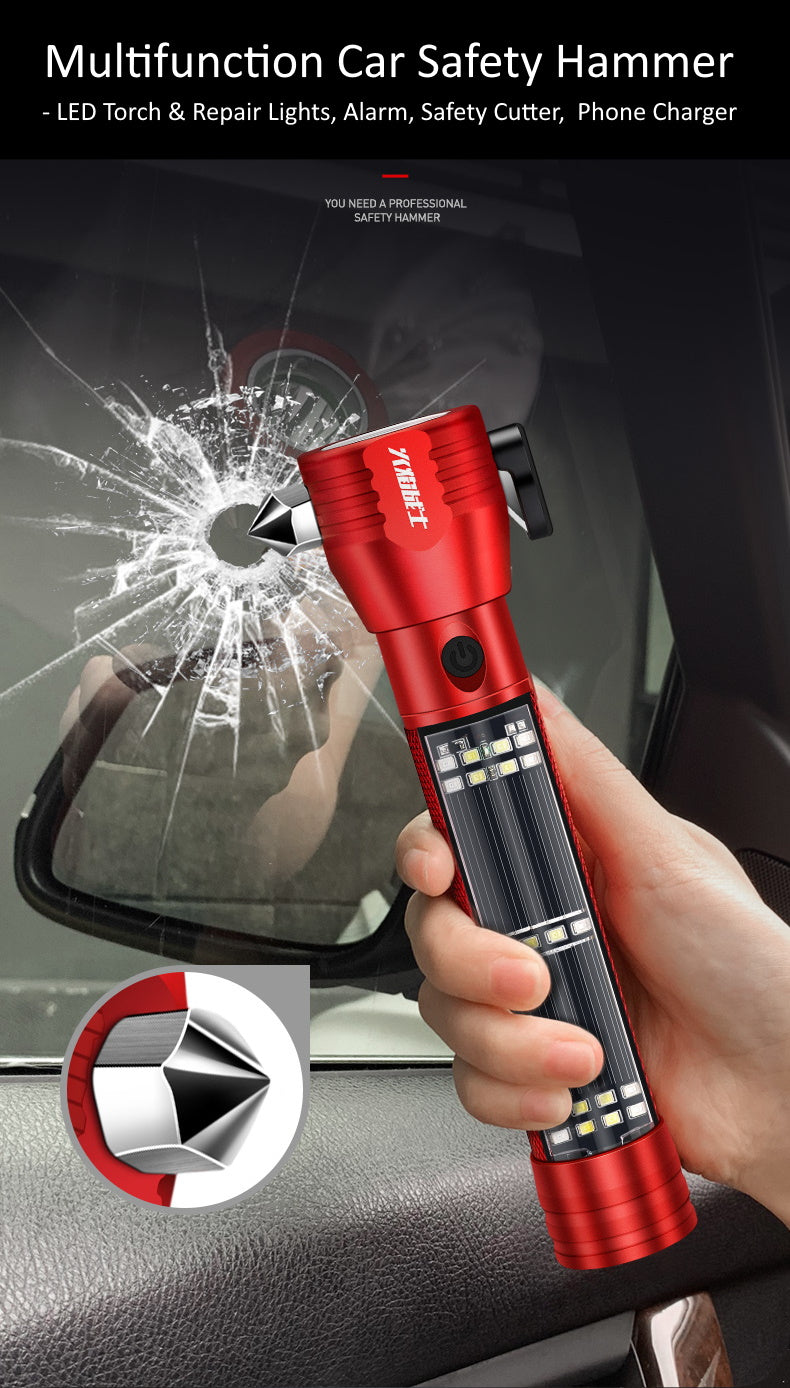 Multifunction Car Safety Hammer Torch Alarm Emergency Light Cutter Phone Charger