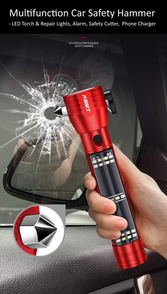 Multifunction Car Safety Hammer Torch Alarm Emergency Light Cutter Phone Charger