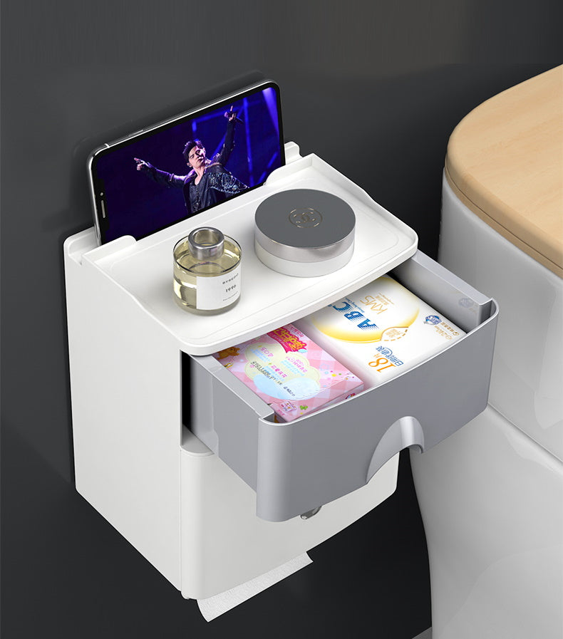 Wall Mounted Toilet Paper Holder Organiser with Drawer