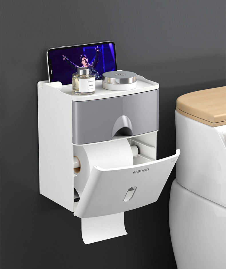 Wall Mounted Toilet Paper Holder Organiser with Drawer