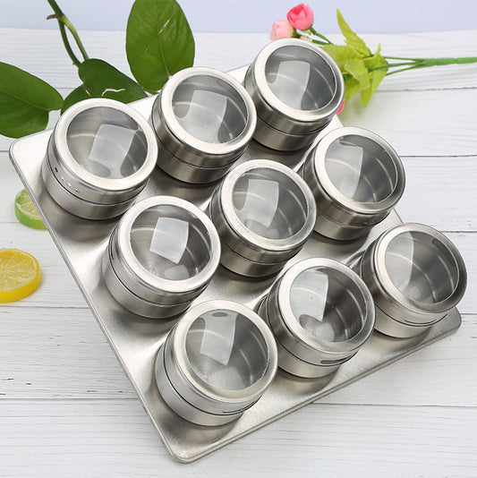 Magnetic Spice Tins Jars 9 pcs Set with Plate