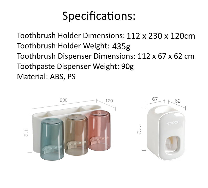 Toothbrush Holder Organiser with Standalone Toothpaste Dispenser 3 Cup